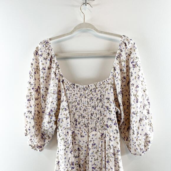 MINKPINK Hailey Floral Puff Sleeve Cutout Midi Dress White Purple XL - Picture 15 of 16